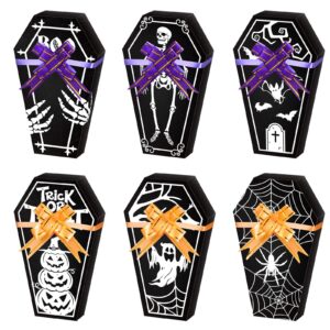 perkoop 24 pieces halloween coffin treat boxes with 30 pull bows paper coffin goodies candy boxes bulk coffin shape gifts box for halloween trick or treat party favors packing supplies, 6 styles