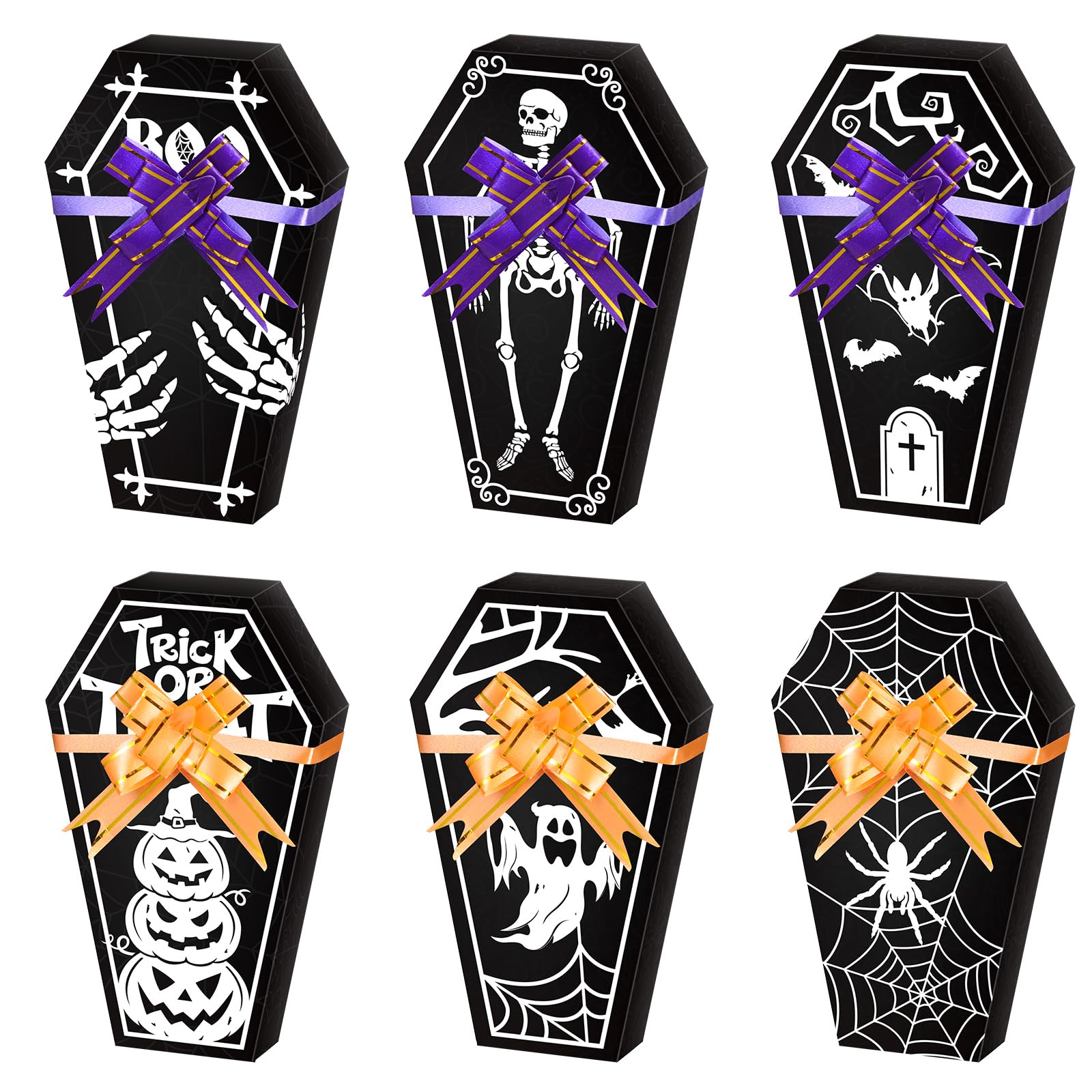 PerKoop 24 Pieces Halloween Coffin Treat Boxes with 30 Pull Bows Paper Coffin Goodies Candy Boxes Bulk Coffin Shape Gifts Box for Halloween Trick or Treat Party Favors Packing Supplies, 6 Styles