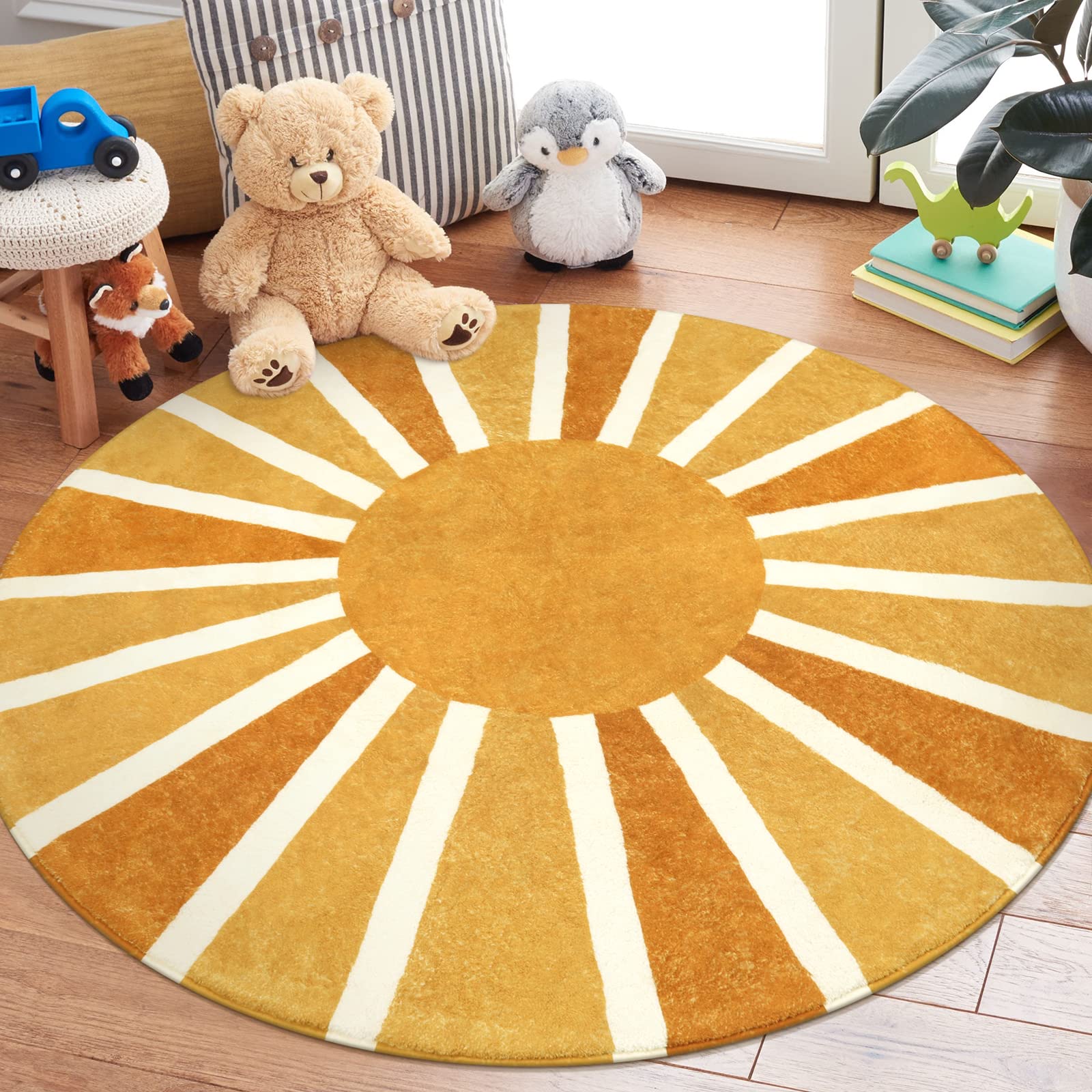 Lahome Boho Round Area Rug - 5Ft Machine Washable Soft Round Bedroom Rugs Non-Slip Throw Round Rugs for Living Room, Cute Rainbow Sun Print Circle Rugs for Office Dining Room Nursery Kids Classroom