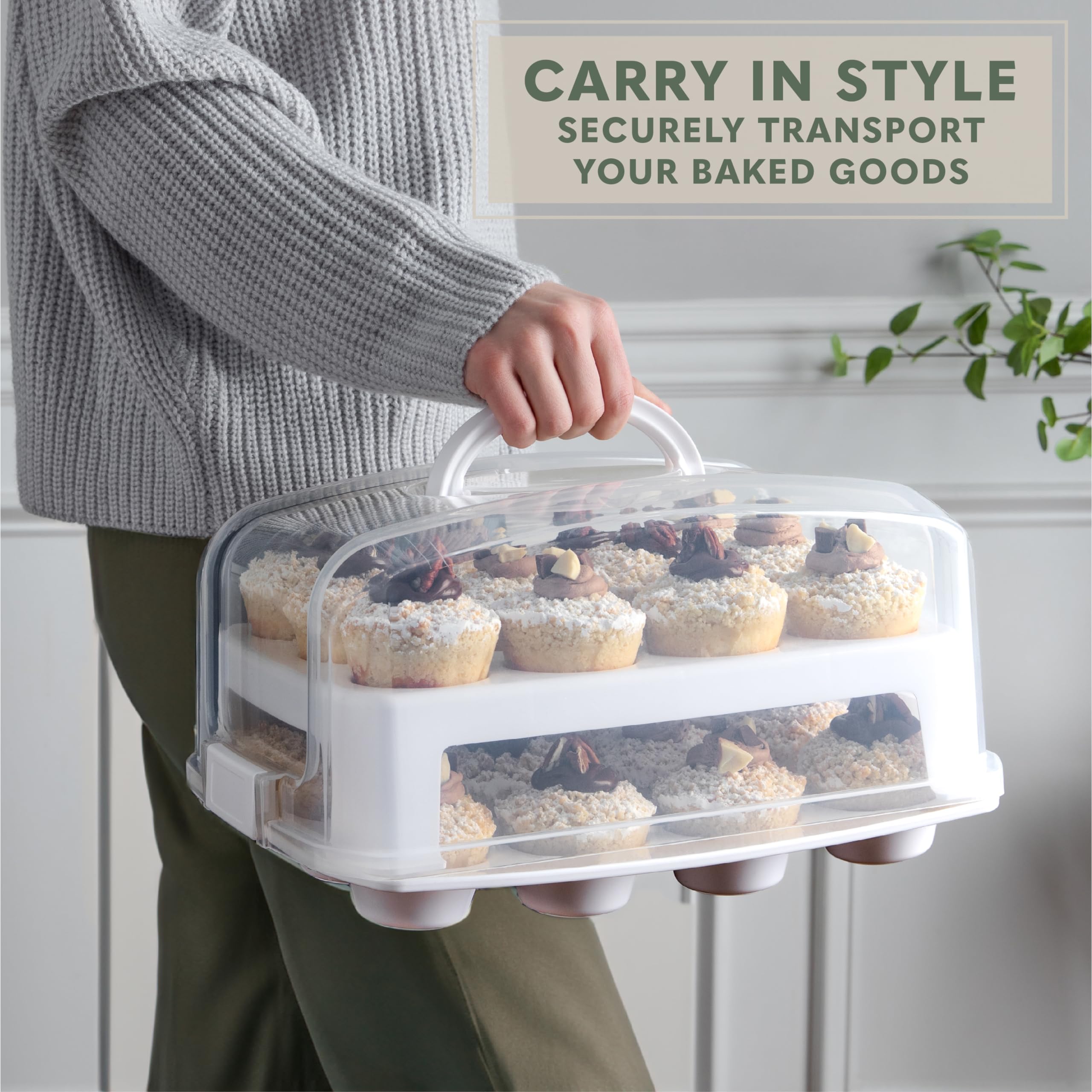 Cupcake Carrier 24 Count - Sturdy Cupcake Holder with Lid & 2 Handles, Stylish Two-Tier Cupcake Carrier/Stand, Spacious 3.5” Top & Bottom Tray