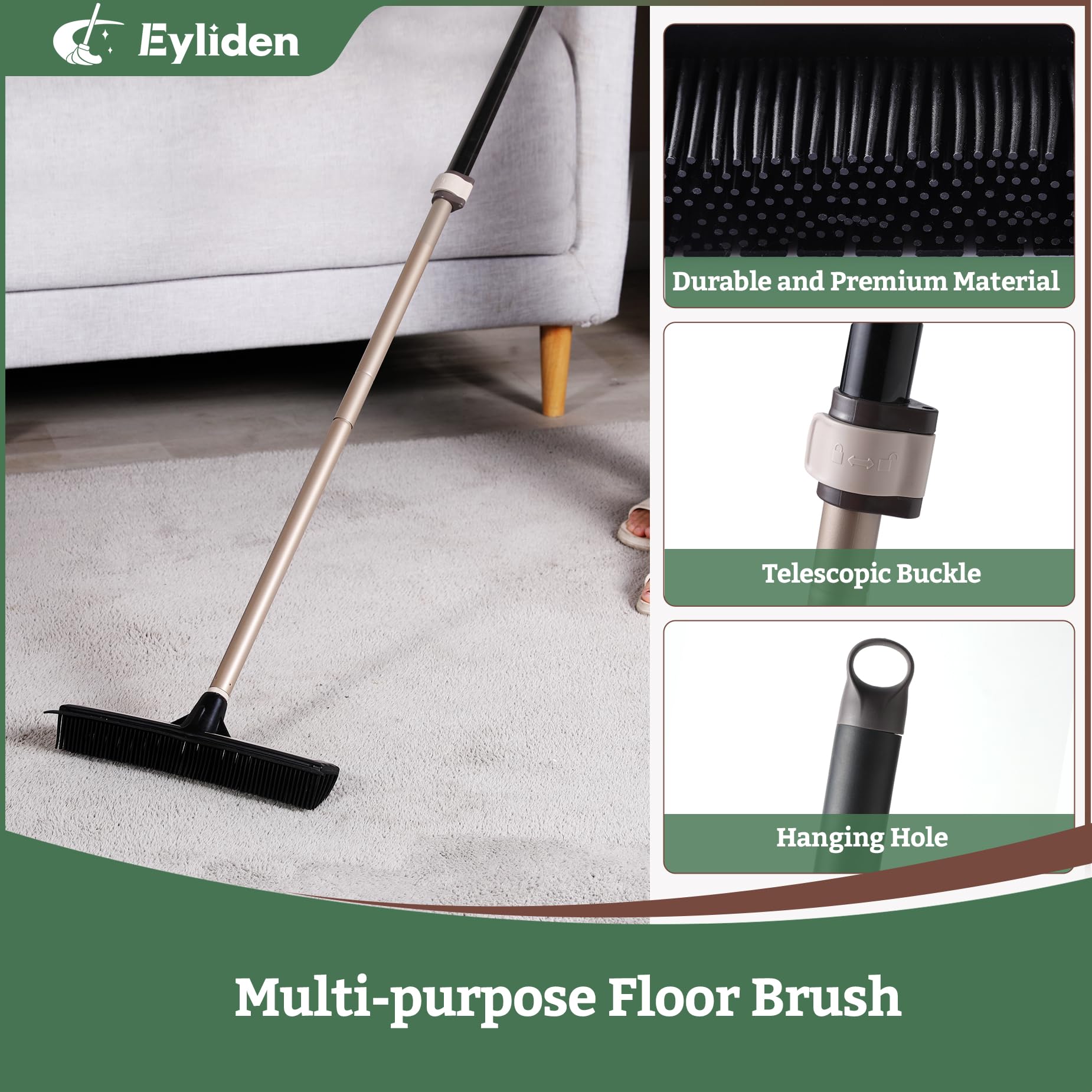 Eyliden Carpet Rake for Pet Hair Removal, 2-in-1 Rubber Broom with Squeegee and 54’’ Telescopic Long Handle, Fur Pet Hair Removal Broom for Carpet Rug Floor Hardwood Tile