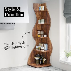 Tribesigns Corner Shelf, Rustic 5-Tier Wall Corner Bookshelf, Stylish Corner Small Bookcase Storage Rack Plant Stand with Unique Shape for Living Room, Home Office (1PC, Brown)