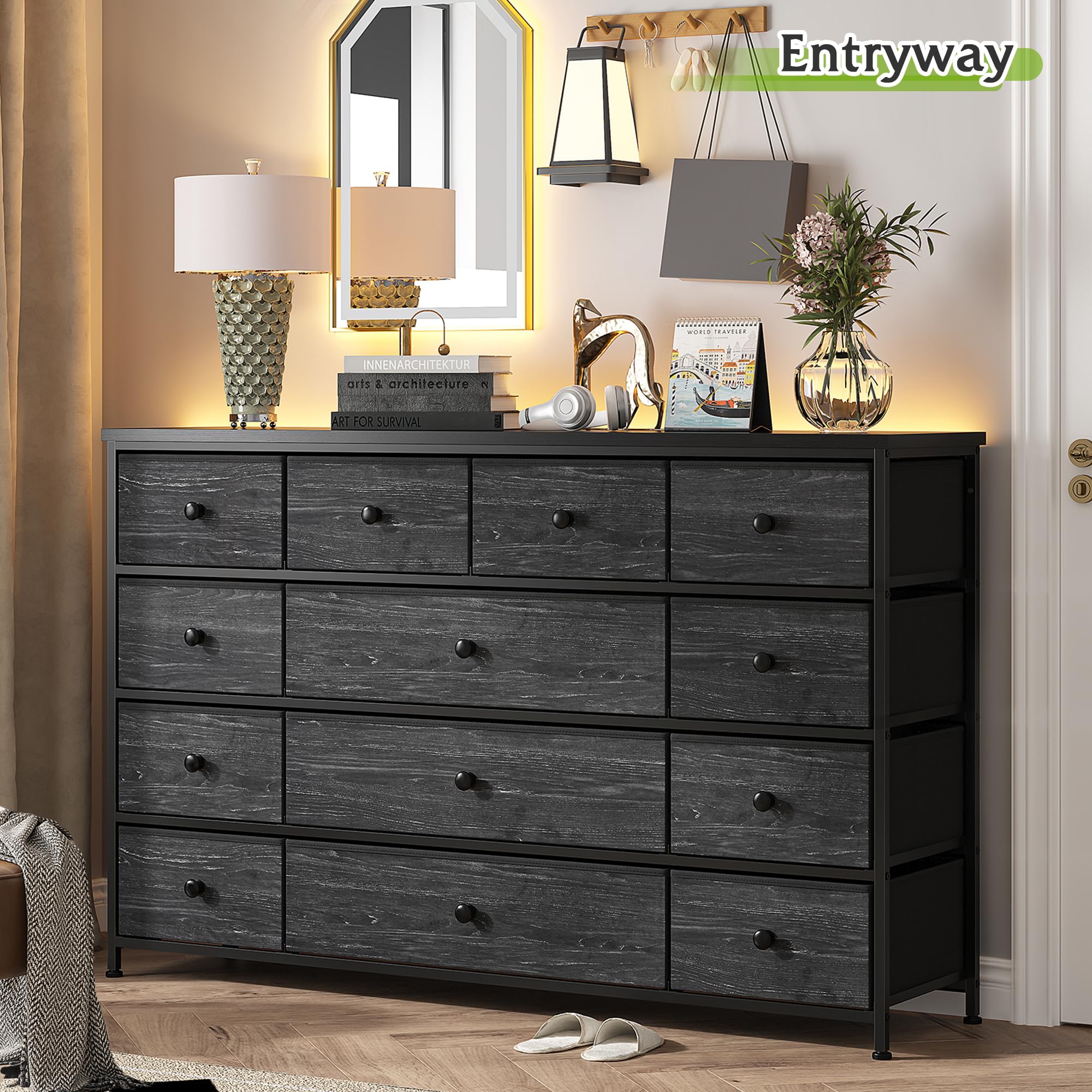 EnHomee Black Dresser, Dresser for Bedroom with 13 Storage Drawers, Dressers & Chests of Drawers for 55" TV, Black Dresser for Bedroom, Long Dresser for Closet, Entryway