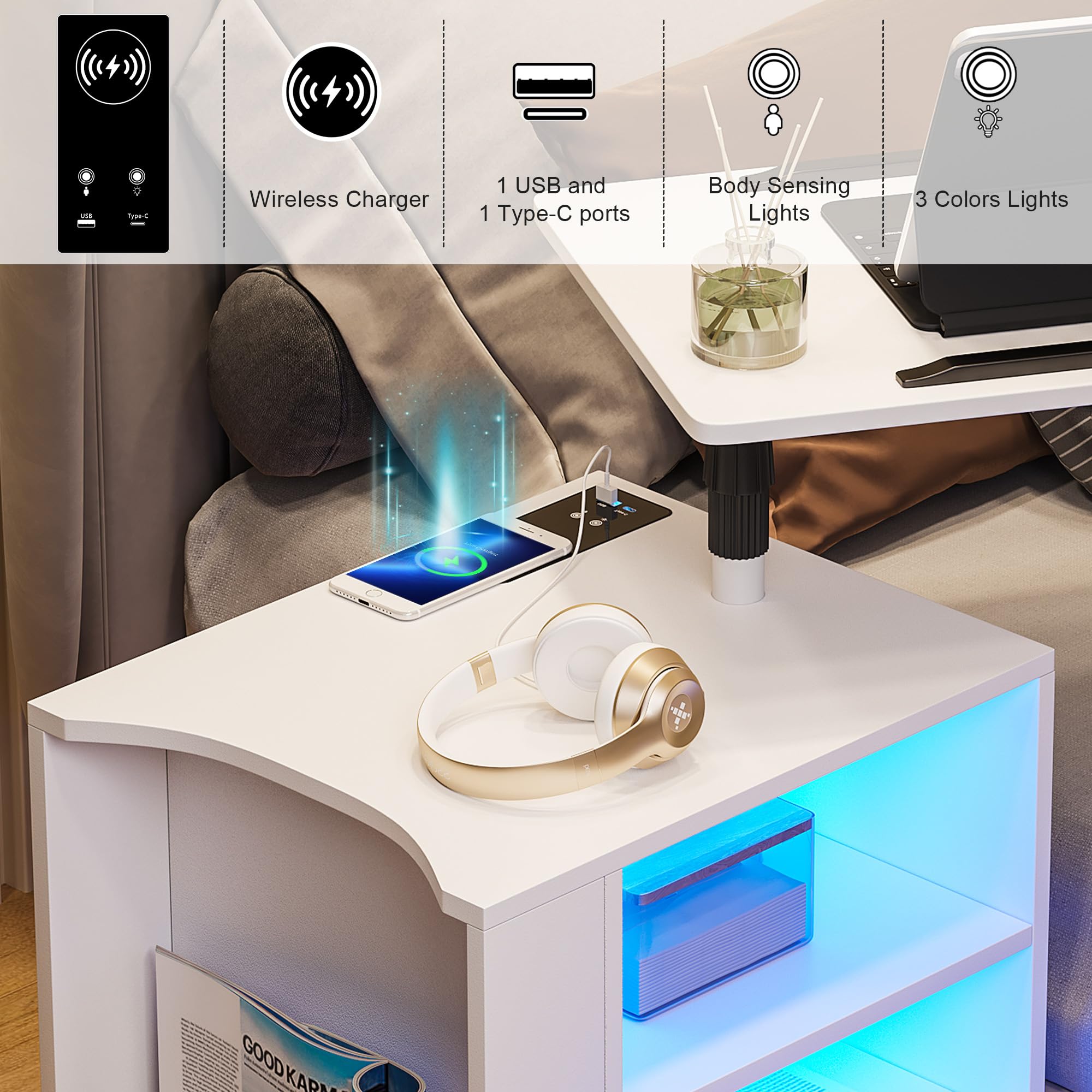 HNEBC LED Nightstand with Wireless Charging Station,White Nightstand Has Adjustable Rotary Table,Bedside Tables with One Drawer and 2 Mezzanines/Infrared Induction 3 Color Lighting (On The Left)