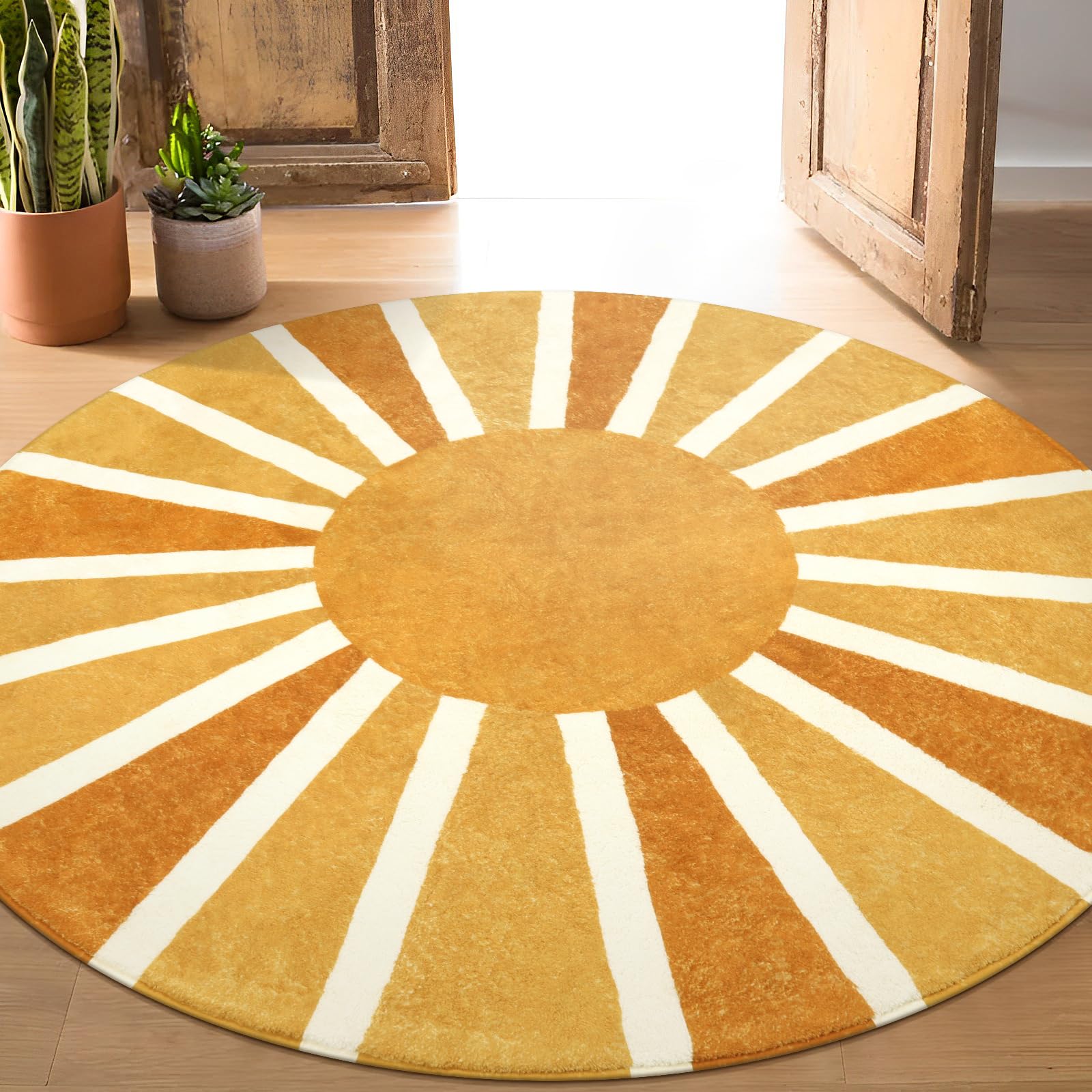 Lahome Boho Round Area Rug - 5Ft Machine Washable Soft Round Bedroom Rugs Non-Slip Throw Round Rugs for Living Room, Cute Rainbow Sun Print Circle Rugs for Office Dining Room Nursery Kids Classroom