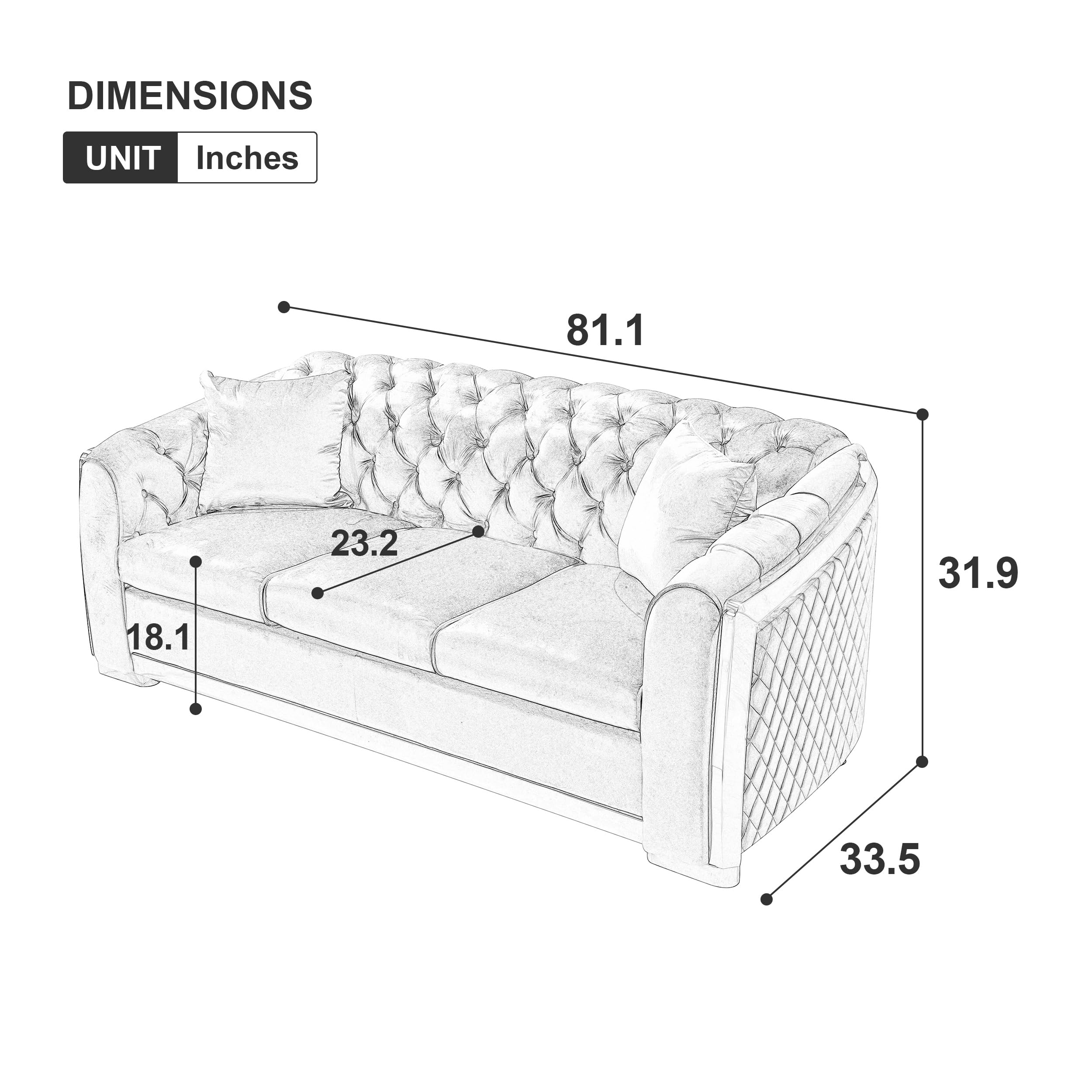 WILLIAMSPACE 81" Tufted Velvet Sofa Couch for Living Room, 3 Seater Button Sofa with Stainless Steel Gold Plating Decoration, Comfy Soft Upholstered Couch with 2 Pillows - Grey