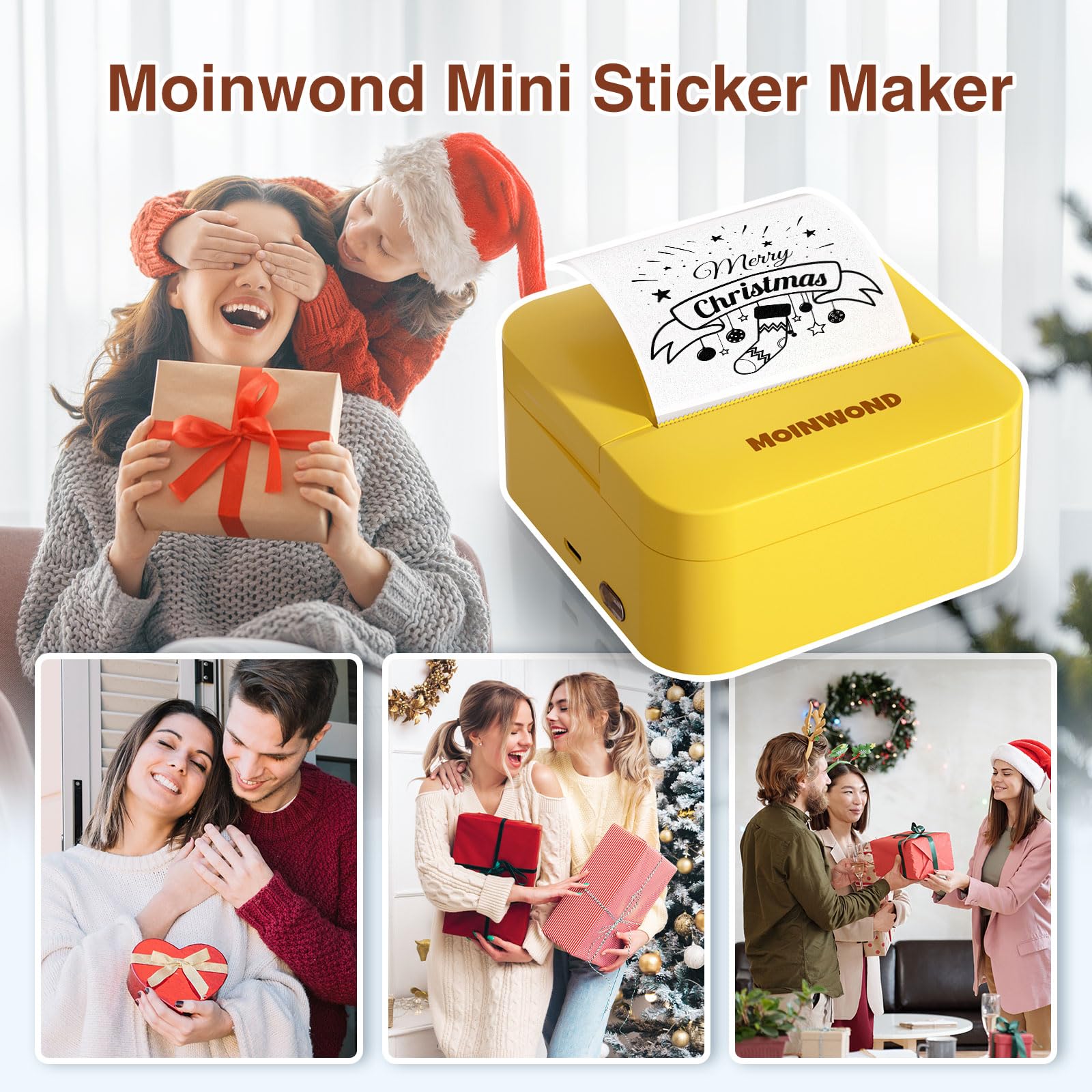 MOINWOND Sticker Printer Mini Portable Thermal Printer Sticker Maker Machine,Bluetooth Inkless Pocket Printer Rechagreable for DYI Journal,Notes,Memo,Photo with Thermal Paper,Yellow D1