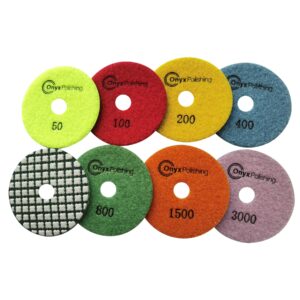 onyx latest launched, new formula 7 pcs dry diamond polishing pads 4 inch, grit 50-3000, granite, marble, engineered stone, countertop polish pads