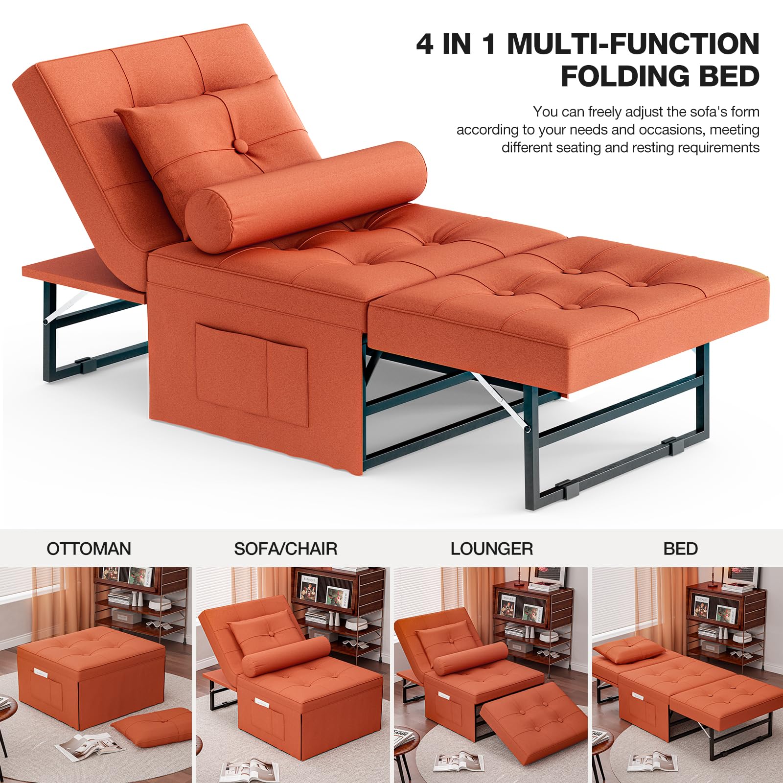 yotefe Sofa Bed, 4 in 1 Convertible Chair Multi-Function Folding Ottoman Guest Bed with Adjustable Backrest for Living Room, Apartment, Office 71.9''W (Fabric, Orange)