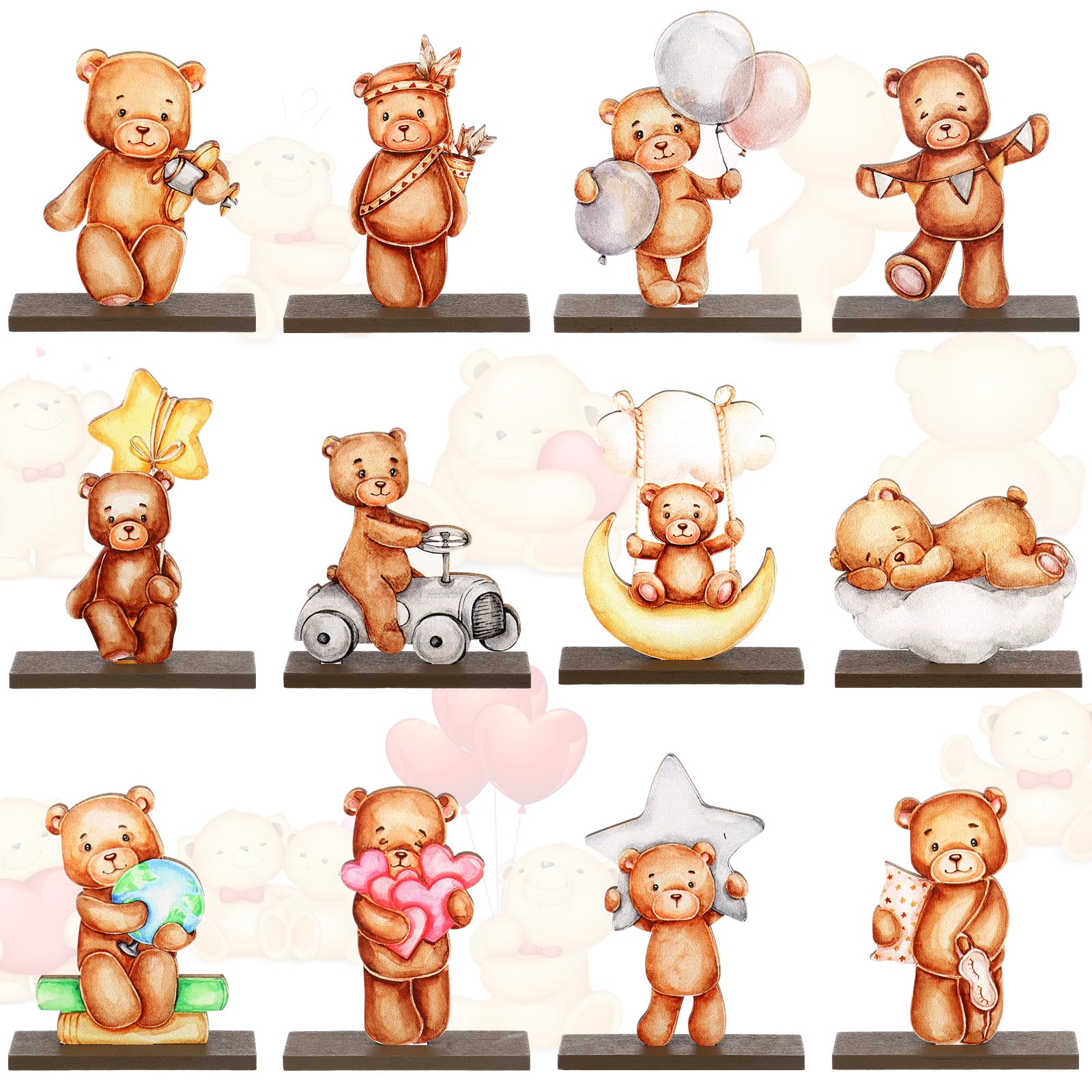 Barydat 12 Pcs Bear Party Decorations Teddy Bear Wooden Table Centerpiece Bear Baby Shower Decor Table Toppers Bear Theme Birthday Gender Reveal Party Supplies for Boys Kids Baby Shower Nursery Party