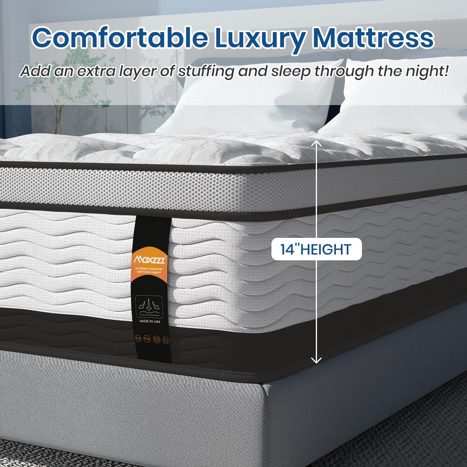 Maxzzz 14 inch King Hybrid Mattress in a Box, Cooling Gel Infused Memory Foam and Pocket Spring Mattress, Medium Firm, 76x80 inches