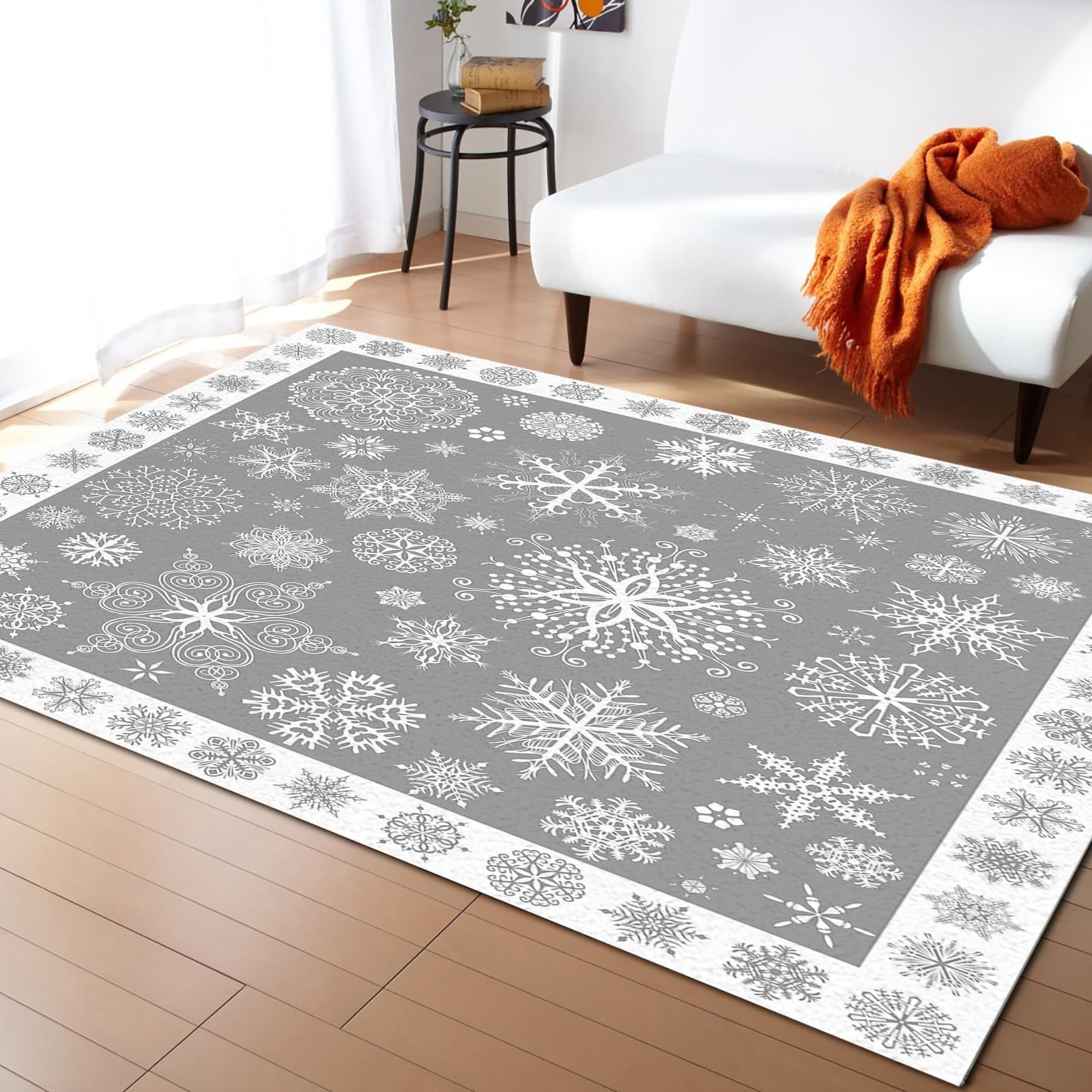 Grey Snowflake Christmas Area Rug for Living Room, Rectangular Indoor Carpet - 2' x 3', Xmas Winter Snowflake Gray Non-Skid Bathroom Mat Kitchen Runner Rugs for Bedroom