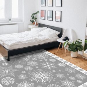 Grey Snowflake Christmas Area Rug for Living Room, Rectangular Indoor Carpet - 2' x 3', Xmas Winter Snowflake Gray Non-Skid Bathroom Mat Kitchen Runner Rugs for Bedroom