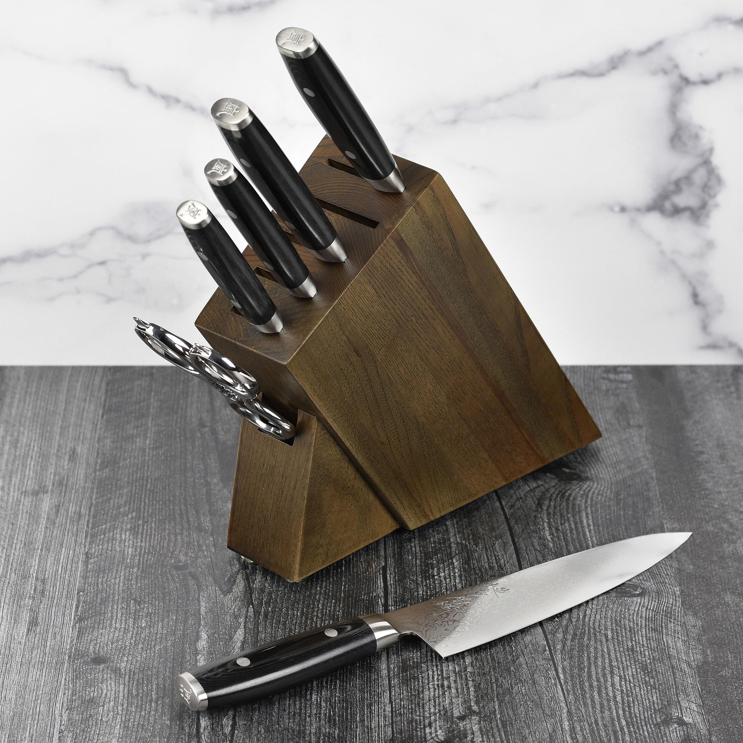 Yaxell Ran Plus 7 Piece Slim Knife Set - Made in Japan - 69 Layers VG10 Damascus, Dark Ash Block