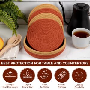 Trivets for Hot Dishes 100% Cotton Rope - 8" Trivets for Hot Pots and Pans Set of 5 Pcs w/ 9" Storage Basket | Pot Holders Heat Resistant | Hot Pads for countertops, Table | Kitchen Decor for Counter