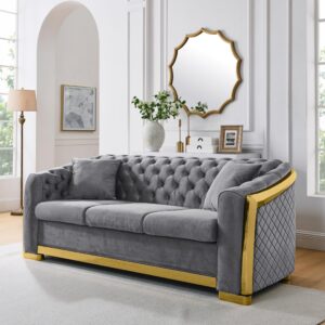 williamspace 81" tufted velvet sofa couch for living room, 3 seater button sofa with stainless steel gold plating decoration, comfy soft upholstered couch with 2 pillows - grey