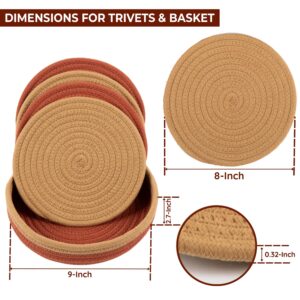 Trivets for Hot Dishes 100% Cotton Rope - 8" Trivets for Hot Pots and Pans Set of 5 Pcs w/ 9" Storage Basket | Pot Holders Heat Resistant | Hot Pads for countertops, Table | Kitchen Decor for Counter