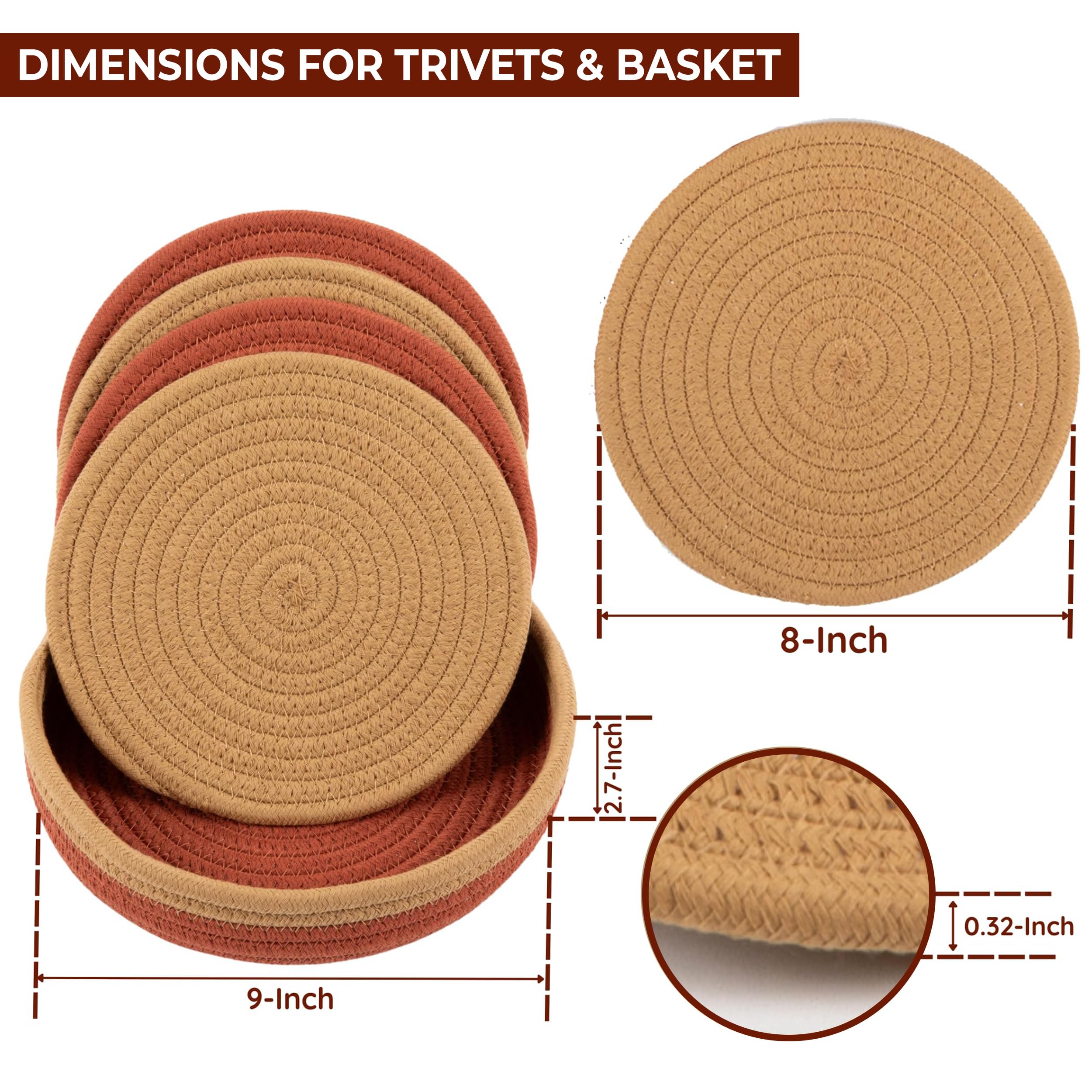 Trivets for Hot Dishes 100% Cotton Rope - 8" Trivets for Hot Pots and Pans Set of 5 Pcs w/ 9" Storage Basket | Pot Holders Heat Resistant | Hot Pads for countertops, Table | Kitchen Decor for Counter