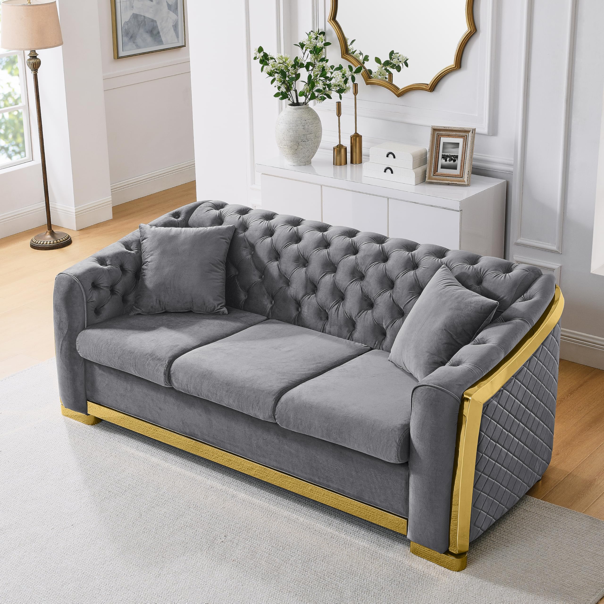 WILLIAMSPACE 81" Tufted Velvet Sofa Couch for Living Room, 3 Seater Button Sofa with Stainless Steel Gold Plating Decoration, Comfy Soft Upholstered Couch with 2 Pillows - Grey