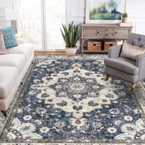 Washable Living Room Area Rug - 9 x 12 Stain Resistant Medallion Soft Bedroom Rugs Distressed Design Non Shedding Carpet for Indoor Outdoor Floor Coverings (9x12 Blue)