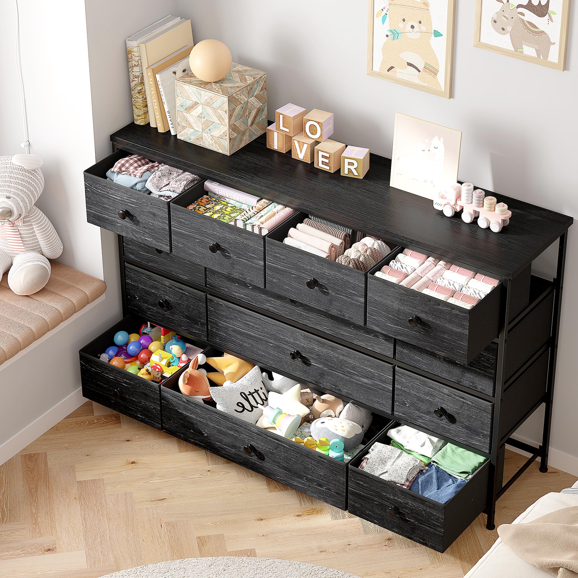 EnHomee Black Dresser, Dresser for Bedroom with 13 Storage Drawers, Dressers & Chests of Drawers for 55" TV, Black Dresser for Bedroom, Long Dresser for Closet, Entryway