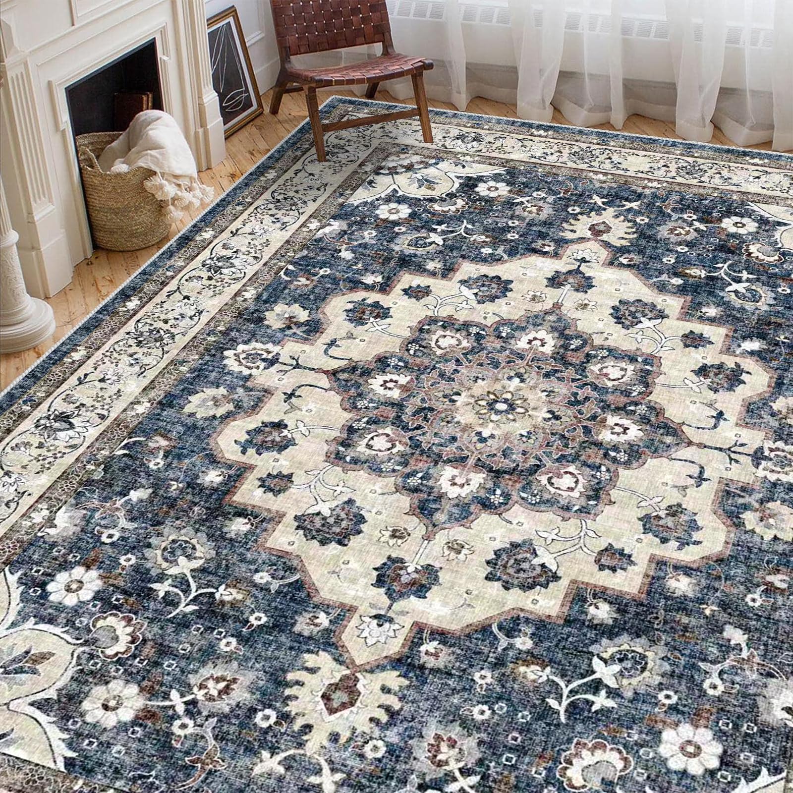 Washable Living Room Area Rug - 9 x 12 Stain Resistant Medallion Soft Bedroom Rugs Distressed Design Non Shedding Carpet for Indoor Outdoor Floor Coverings (9x12 Blue)