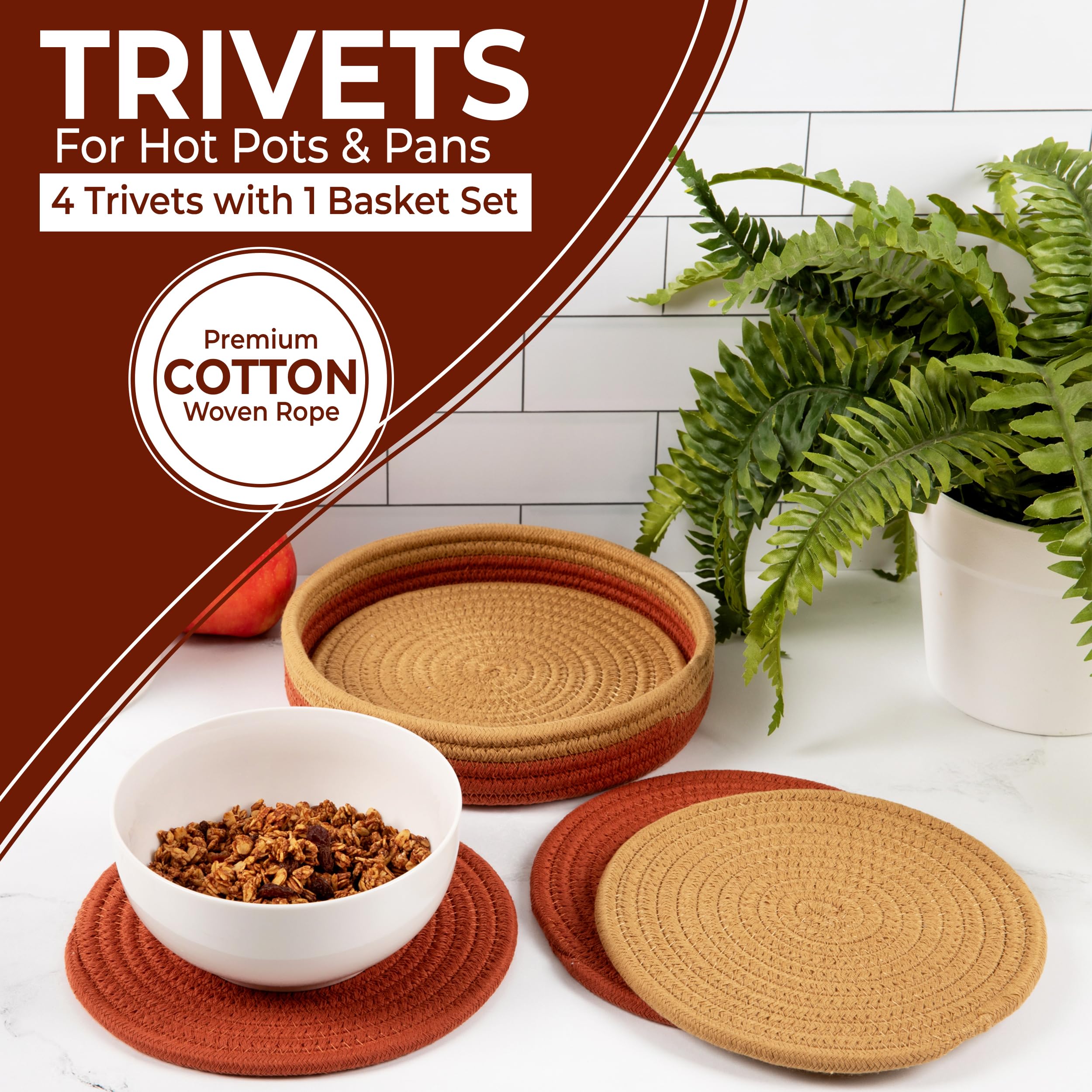 Trivets for Hot Dishes 100% Cotton Rope - 8" Trivets for Hot Pots and Pans Set of 5 Pcs w/ 9" Storage Basket | Pot Holders Heat Resistant | Hot Pads for countertops, Table | Kitchen Decor for Counter