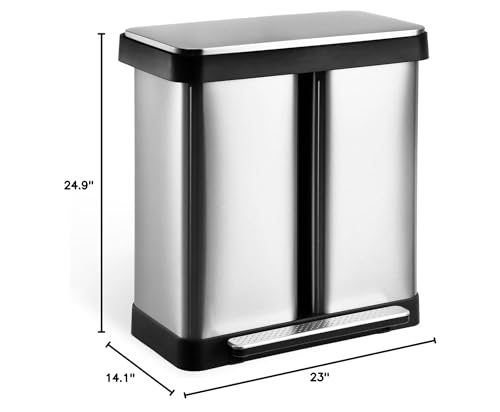 Fashionwu Dual Trash Can, Stainless Steel 8 + 9.5 Gal (30 + 36L) Garbage Can, Steel Pedal Recycle Bin with Lid and Inner Buckets, Rectangular Hands-Free Kitchen Trash Can