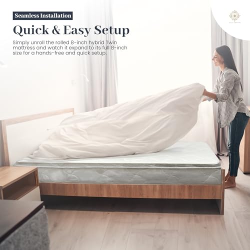 Twin Size Mattress - 8 Inch Cool Comfort Foam & Spring Hybrid Mattress with Breathable Organic Cotton Cover - Quilted Soft Tight Top - Rolled in a Box - Oliver & Smith