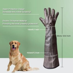 FIPASEN Waterproof Animal Handling Gloves Bite Proof, 60cm/ 23.6In Bite Resistant Gloves for Bathing, Grooming, Handling Cat Dog Rat Snake Lizard Falcon Reptile, Reinforced Leather Protection Gloves