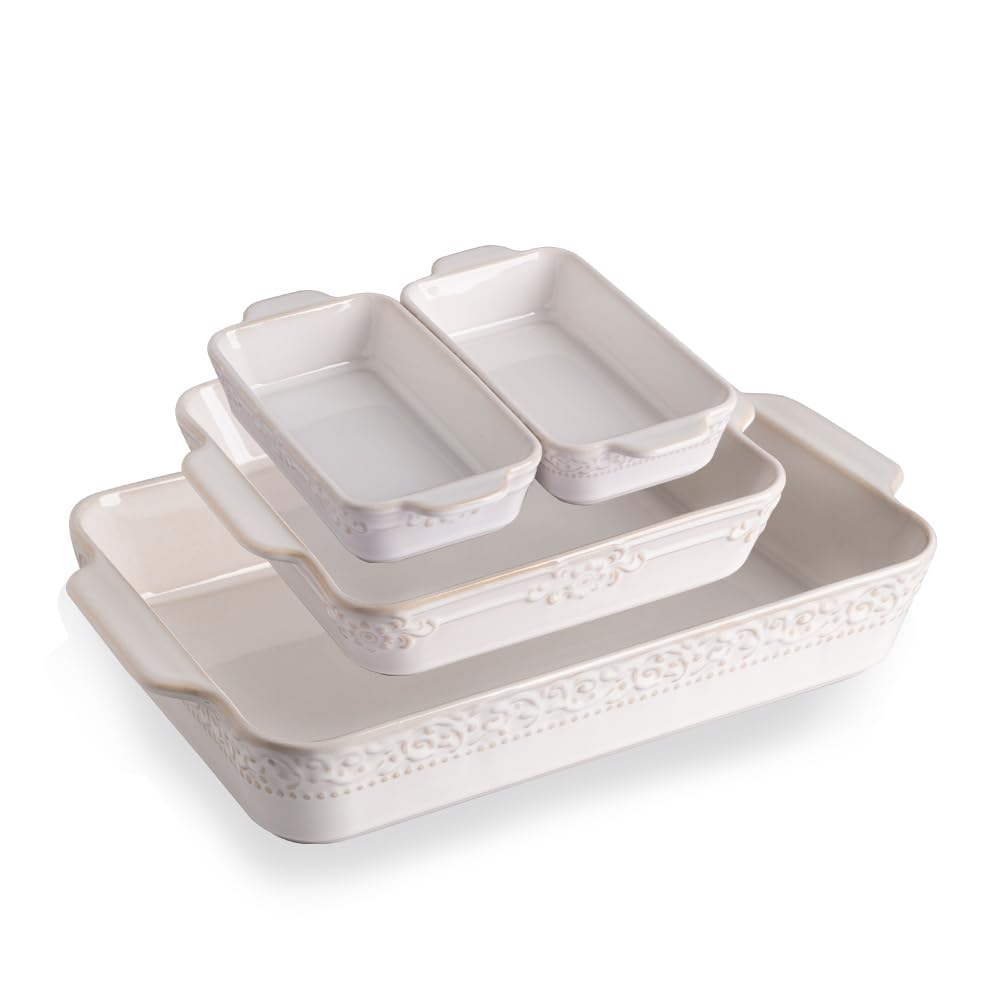 Sweejar Casserole Dishes for Oven, Ceramic Bakeware Set of 4, Rectangular Baking Dish with Handles, Lasagna Pans for Cooking, Gratin, Roasting, Banquet and Daily Use (Kiln-Change White)