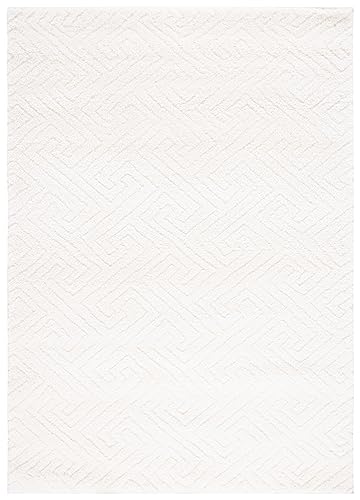 Safavieh Tahoe Shag Collection Area Rug - 5' x 7', White, Geometric Design, 1.2-inch Thick Ideal for High Traffic Areas in Living Room, Bedroom, Dining (THO652A-5)