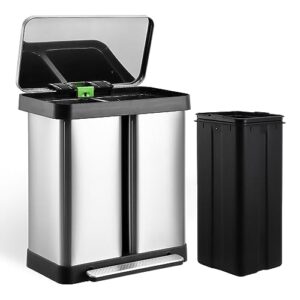 fashionwu dual trash can, stainless steel 8 + 9.5 gal (30 + 36l) garbage can, steel pedal recycle bin with lid and inner buckets, rectangular hands-free kitchen trash can