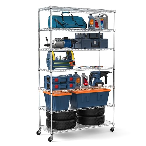 7 Tier NSF Wire Shelf Shelving Unit, 18 x 48 x 82 inch 2450lbs Capacity Heavy Duty Adjustable Storage Metal Rack with Wheels/Leveling Feet & Shelf Liners, Ideal for Garage, Kitchen, and More - Chrome