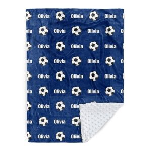 duckbe custom soccer blanket - personalized name with soccer patterns - soft plush flannel blanket with double layer dotted backing for baby toddler kids teen boys girls gifts blue