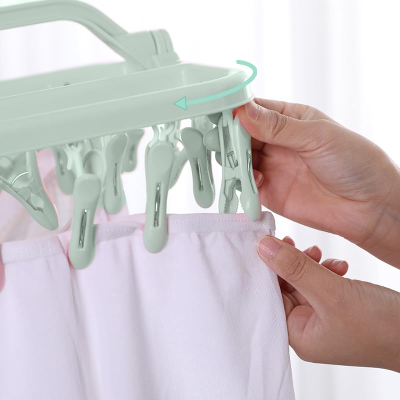 OIPKKUI Clothes Drying Racks, Foldable Laundry Drying Hanging Rack with 32 Clips Foldable Laundry Clip Hanger Underwear Hangers for Socks Towels Bras (Light Green)