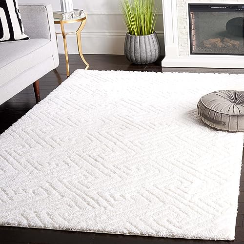 Safavieh Tahoe Shag Collection Area Rug - 5' x 7', White, Geometric Design, 1.2-inch Thick Ideal for High Traffic Areas in Living Room, Bedroom, Dining (THO652A-5)