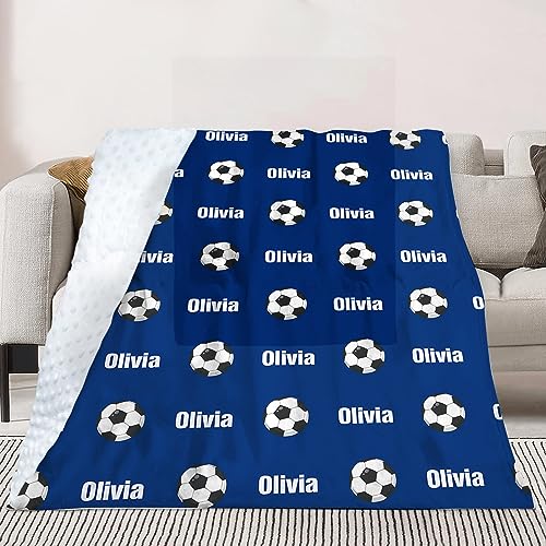 Duckbe Custom Soccer Blanket - Personalized Name with Soccer Patterns - Soft Plush Flannel Blanket with Double Layer Dotted Backing for Baby Toddler Kids Teen Boys Girls Gifts Blue