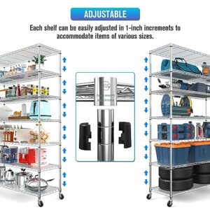 7 Tier NSF Wire Shelf Shelving Unit, 18 x 48 x 82 inch 2450lbs Capacity Heavy Duty Adjustable Storage Metal Rack with Wheels/Leveling Feet & Shelf Liners, Ideal for Garage, Kitchen, and More - Chrome