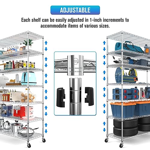 7 Tier NSF Wire Shelf Shelving Unit, 18 x 48 x 82 inch 2450lbs Capacity Heavy Duty Adjustable Storage Metal Rack with Wheels/Leveling Feet & Shelf Liners, Ideal for Garage, Kitchen, and More - Chrome