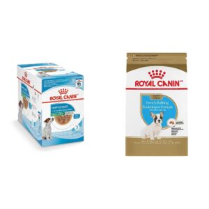 royal canin bundle size health nutrition small puppy chunks in gravy wet dog food, 3 oz pouches 12-pack + french bulldog puppy dry dog food, 3 lb bag