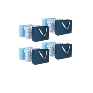 12 pack heavy duty blue gift bags with ribbon handles - 10"x3.5"x8" medium gift bags in bulk with tissue paper; baby, wedding shower, thank you, holiday and birthday gift bag set for men and women