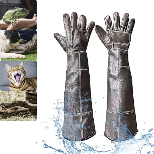 FIPASEN Waterproof Animal Handling Gloves Bite Proof, 60cm/ 23.6In Bite Resistant Gloves for Bathing, Grooming, Handling Cat Dog Rat Snake Lizard Falcon Reptile, Reinforced Leather Protection Gloves