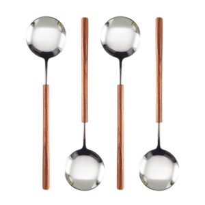 ouliget retro wooden handle spoon,stainless steel serving tablespoons,wooden dinnerspoon,silver silverware with brown handle,4 pcs.