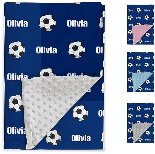 Duckbe Custom Soccer Blanket - Personalized Name with Soccer Patterns - Soft Plush Flannel Blanket with Double Layer Dotted Backing for Baby Toddler Kids Teen Boys Girls Gifts Blue