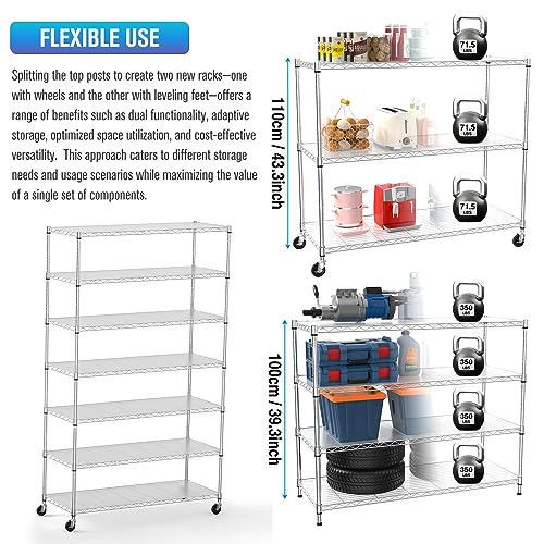 7 Tier NSF Wire Shelf Shelving Unit, 18 x 48 x 82 inch 2450lbs Capacity Heavy Duty Adjustable Storage Metal Rack with Wheels/Leveling Feet & Shelf Liners, Ideal for Garage, Kitchen, and More - Chrome