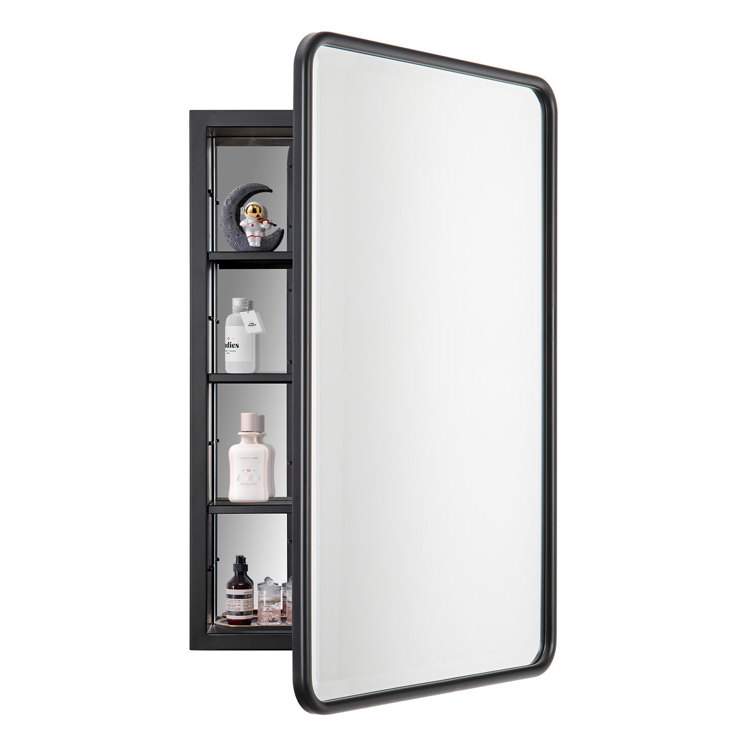 YOOSHINE Black Bathroom Medicine Cabinet with Mirror 17 x 27 Metal Frame Recessed Or Wall Mounted Single Door Storage Medicine Cabinets with Adjustable Shelves Rounded Corner Beveled Mirrors