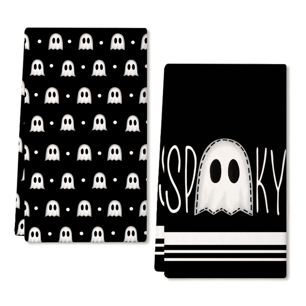 ARKENY Halloween Kitchen Dish Towels Set of 2,Black Ghost Bowknot 18x26 Inch Drying Dishcloth,Farmhouse Home Decoration AD132