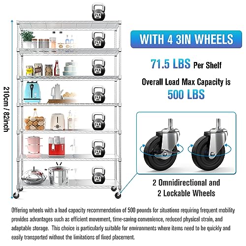 7 Tier NSF Wire Shelf Shelving Unit, 18 x 48 x 82 inch 2450lbs Capacity Heavy Duty Adjustable Storage Metal Rack with Wheels/Leveling Feet & Shelf Liners, Ideal for Garage, Kitchen, and More - Chrome