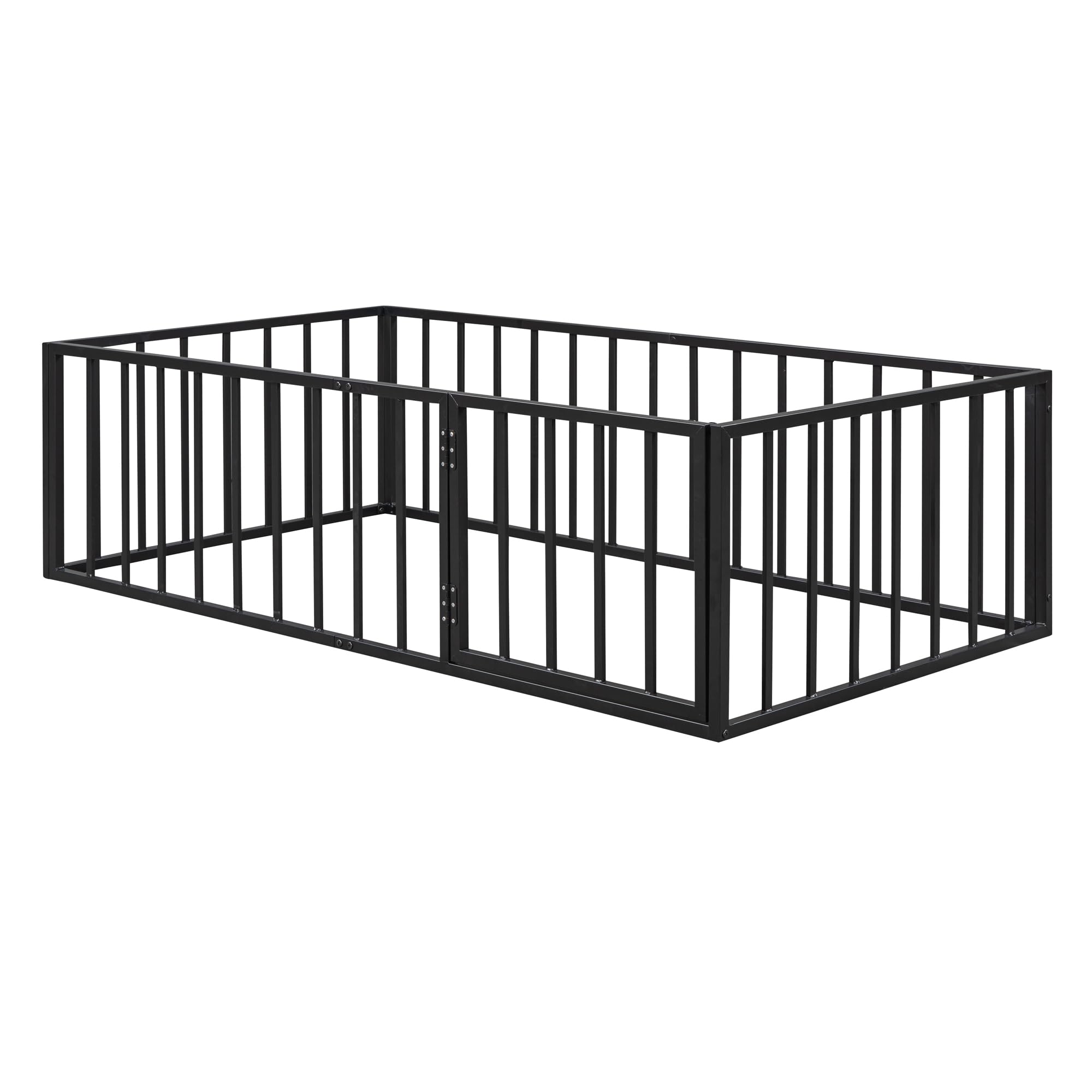 Twin Size Floor Bed for Kids, Montessori Beds with Rails and Door, Metal Playhouse Bed Frame with Fence for Boys Girls, Black